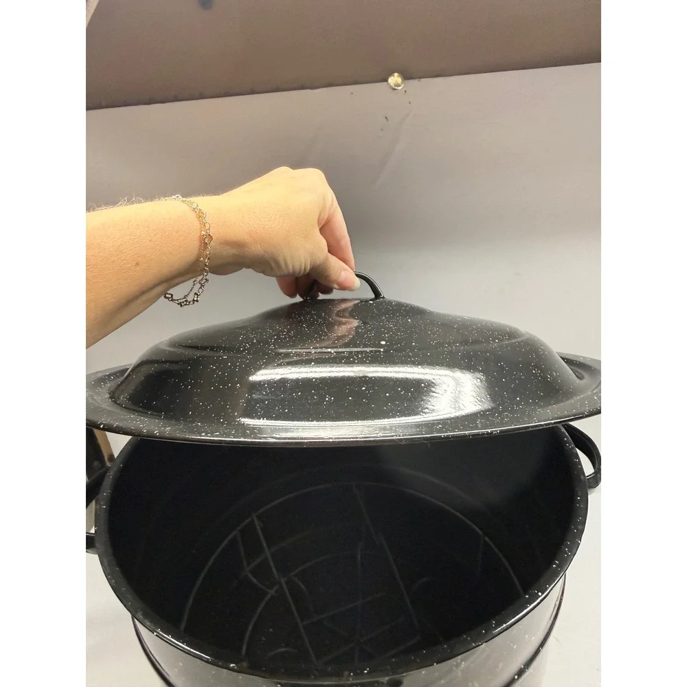 Granite Ware Black Speckled Enamel Canning Pot with Lid and Jar Rack Stockpot